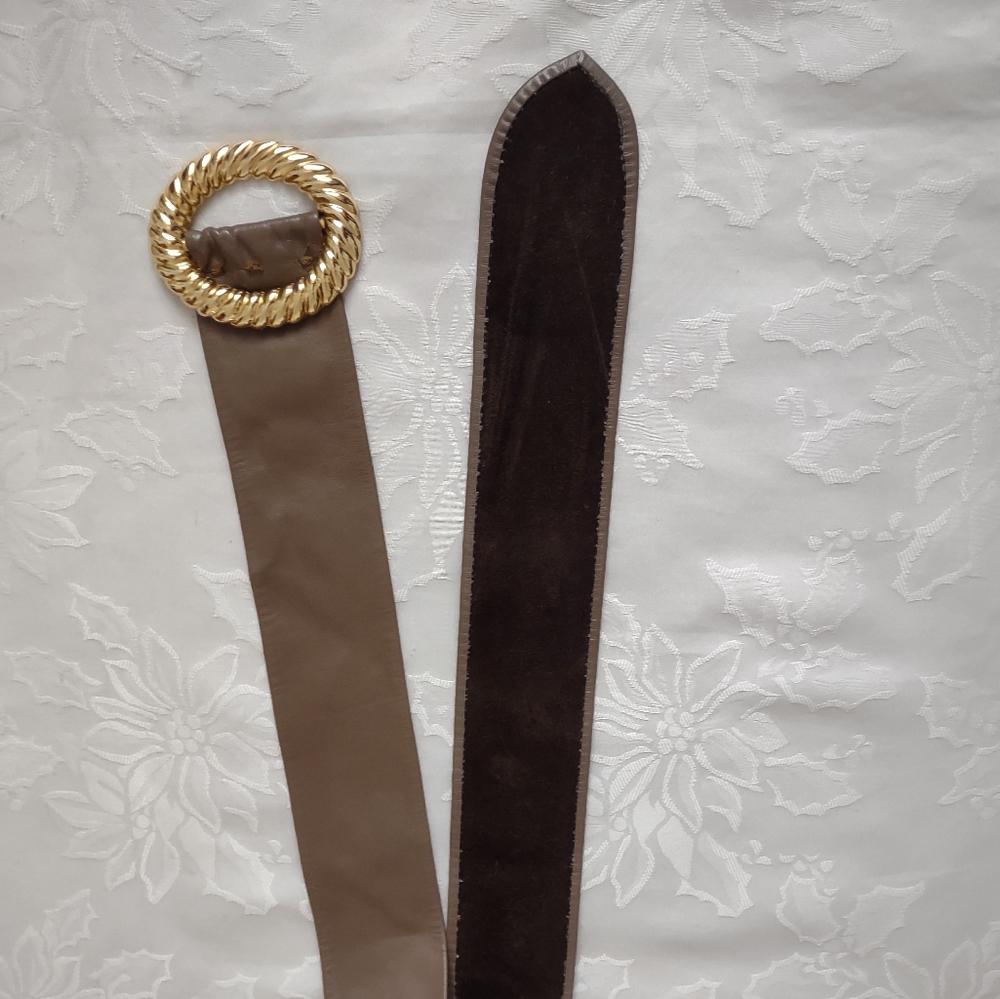 Leather vintage wide Gold Buckle Belt pull through